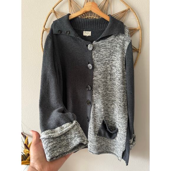 PURE Knits Handknit Lagenlook Artsy Long Sweater Cardigan Pearl Big Buttons Sz L - Picture 2 of 13